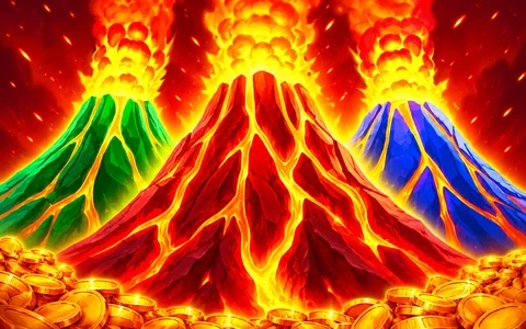 Red, green and blue volcanoes above golden coins
