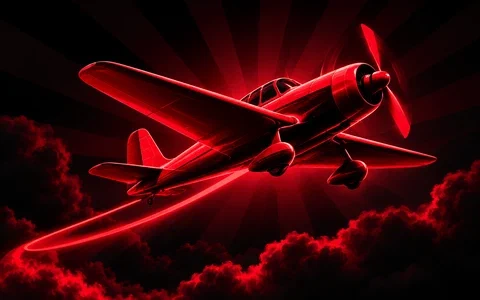 Red propeller aircraft against a dark crimson sky