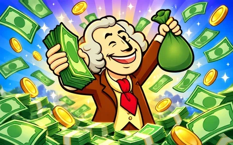 Smiling white-haired gentleman with decorative banknotes and a green bag