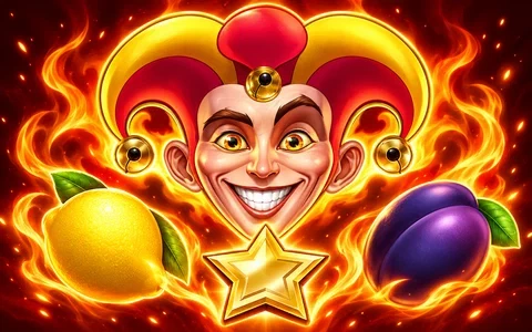 Red-and-gold jester with fruit and a gold star