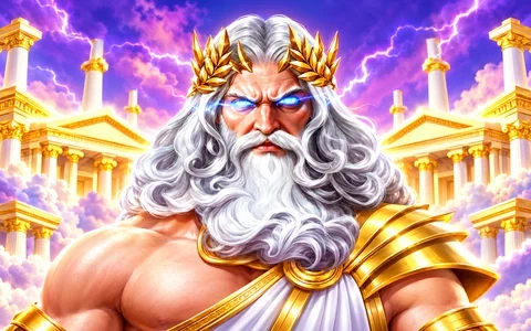 Silver-haired Zeus beneath gold temples and violet lightning