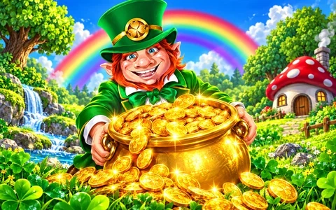 Green-clad leprechaun holding a pot of gold beneath a rainbow