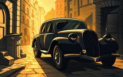 Black vintage car in a golden-lit stone alley