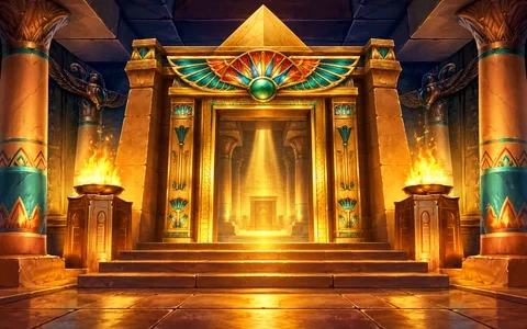 Golden Egyptian temple entrance with turquoise decoration