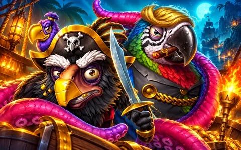 Pirate parrots with a cutlass and curling purple tentacles