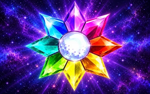 Rainbow crystal star glowing in violet space