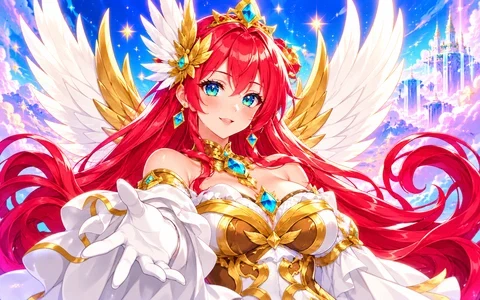 Red-haired winged princess in white and gold