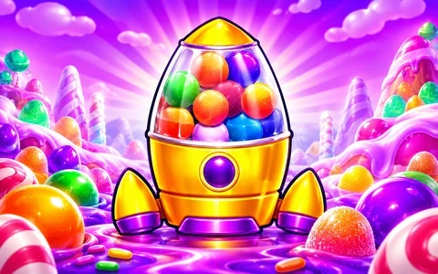 Gold rocket filled with rainbow gumdrops against purple candy hills