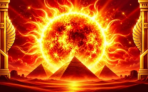 Blazing golden sun above Egyptian pyramids