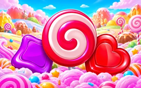 Spiral lollipop, heart and star sweets in a colourful candy landscape