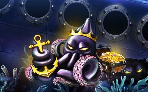 Crowned purple octopus and treasure chest in an underwater shipwreck