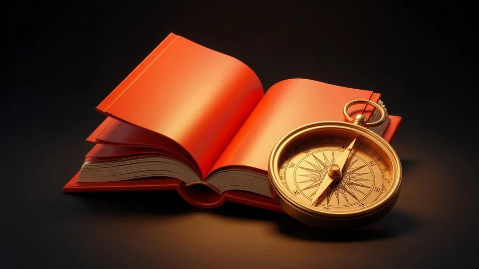 Orange open book and amber compass on a dark surface