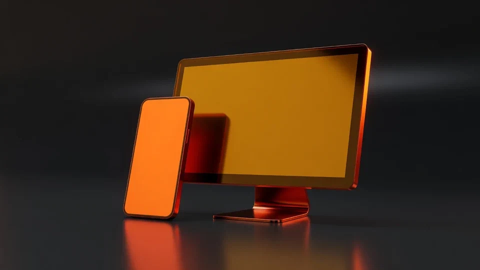 Orange smartphone and amber desktop screen on a dark surface
