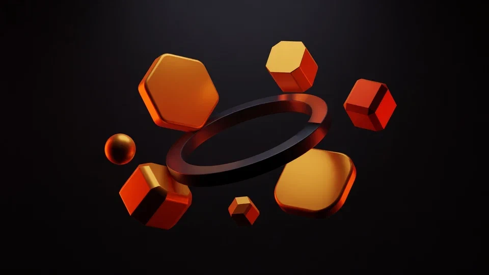 Orange and amber gaming tiles arranged around a dark orbital ring