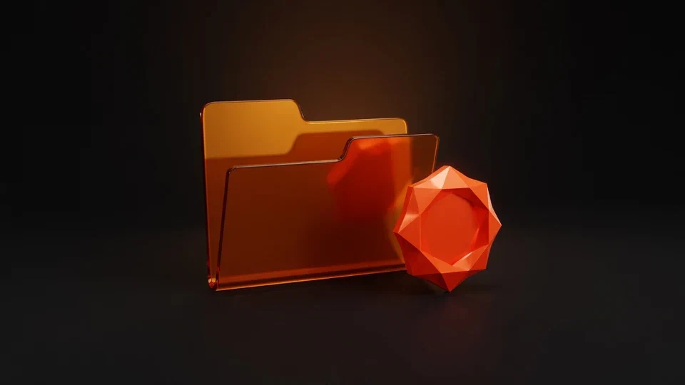 Amber document folders beside an orange faceted shape