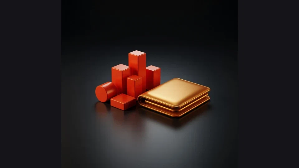 Orange geometric blocks beside an amber wallet on a dark surface