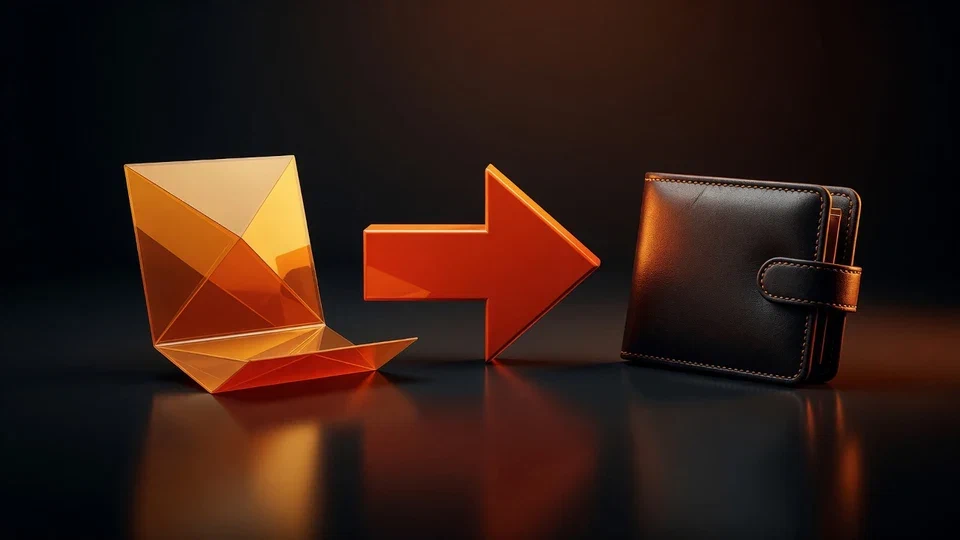Amber panel and orange arrow beside a dark wallet