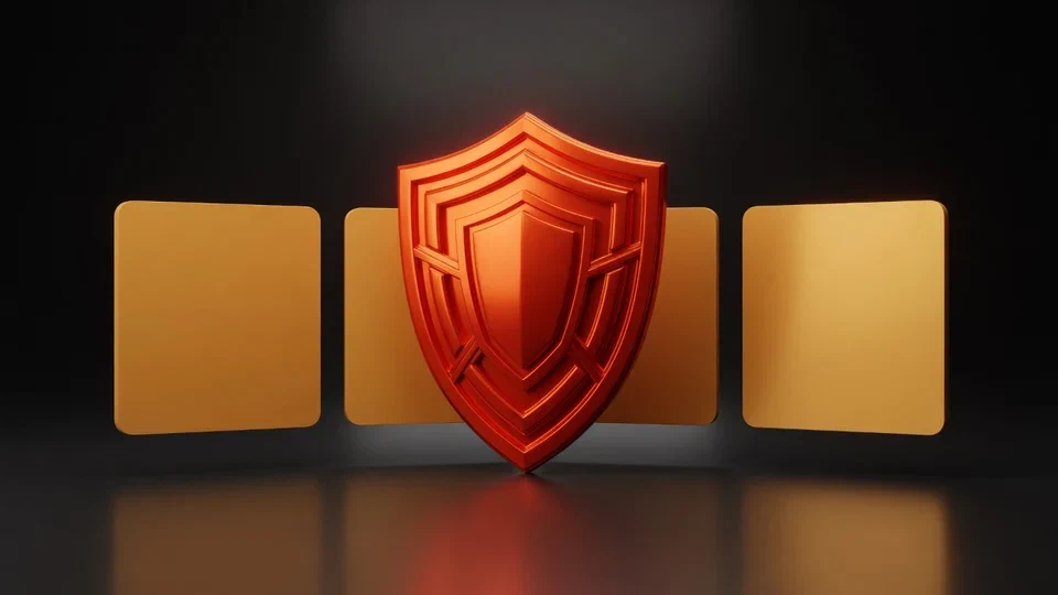 Orange shield in front of blank amber panels