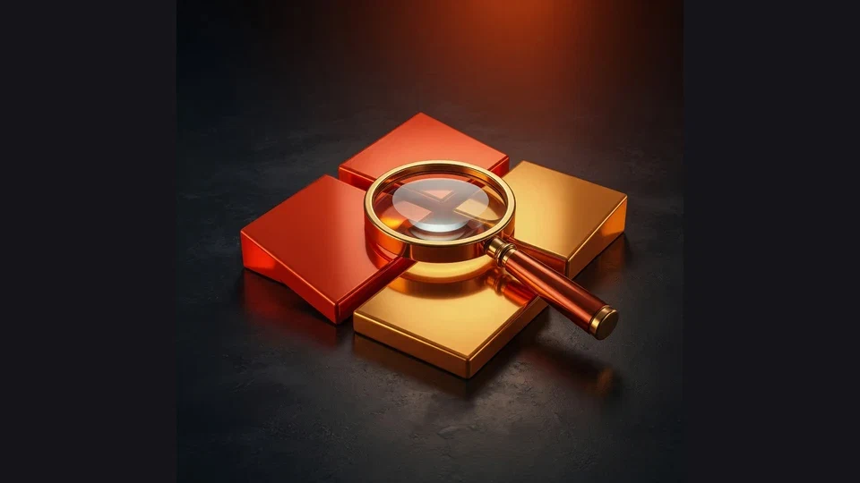 Orange comparison tiles and amber magnifying glass on a dark surface