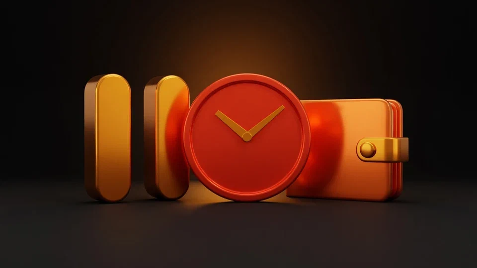 Amber pause symbol and orange clock beside a closed wallet