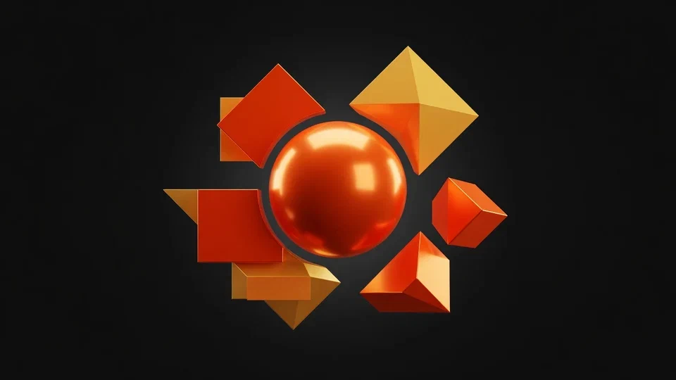 Orange central sphere surrounded by amber geometric shapes