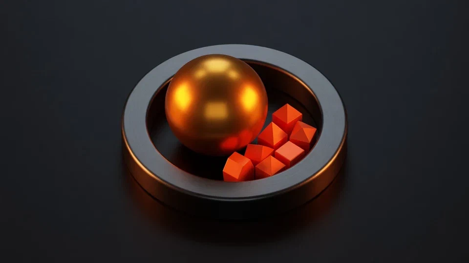An amber ball and orange event tiles resting inside a graphite ring